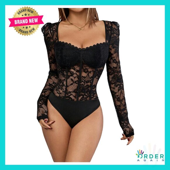 Floral Lace Sheer Long Sleeve V Neck Corset Bodysuit Y2K Party Wear